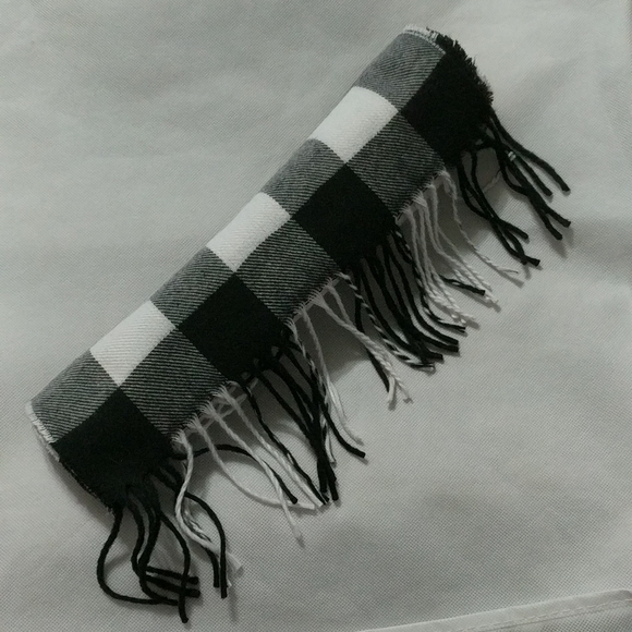 Black, White, Grey Check Plaid Woven Soft Scarf with Fringe - Picture 2 of 3